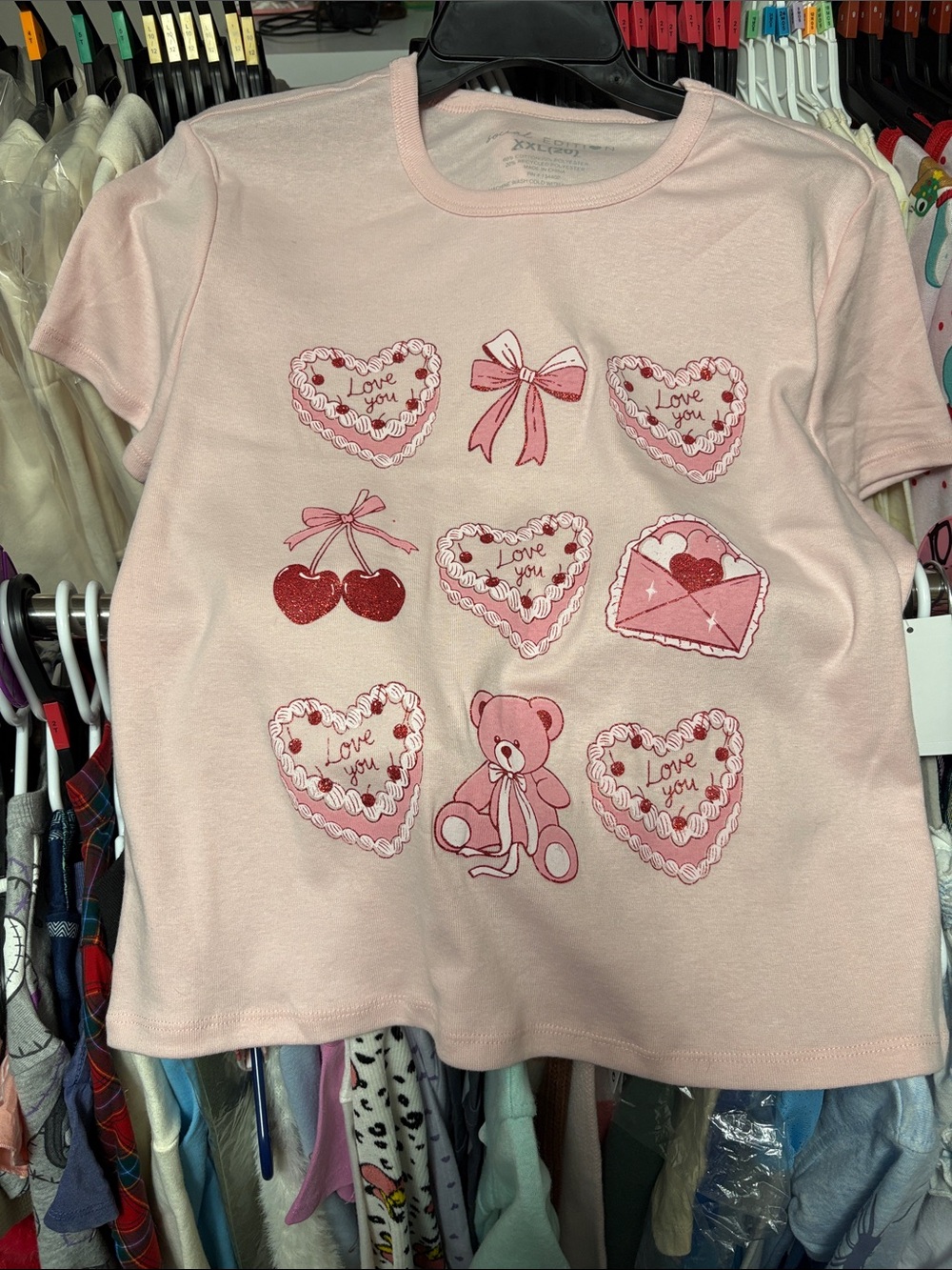 Pink Valentine Graphic Tee with Teddy & Hearts